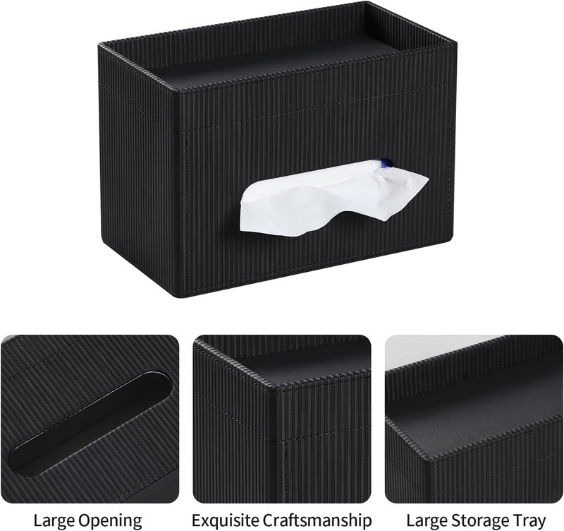 Cretkhp Tissue Box Cover Rectangle with Storage Tray, PU Leather Tissue Holder for Bathroom Vanity Countertop Night Stands Bedroom Office Desk, Stylish Rectangular Tissue Box Holder (Black) - Image 4